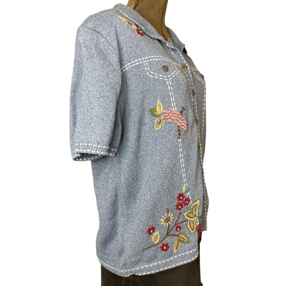 ALFRED DUNNER Blue Button Sweater Womens (L) Cotton Beaded Embroidered Floral - Picture 2 of 8